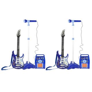 Blue Guitar Microphone Amplifier Toys Kids 2 x Karaoke Electric Rock Band Music