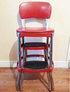 Vintage Mid Century Cosco Fifties Fire Engine Red and Chrome Chair Step Stool