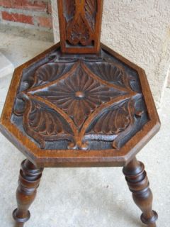 Ornate Antique English Relief Carved Oak Spinning Wheel Chair Stool Hearth