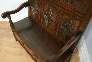 Antique Victorian Oak Box Settle Monks Bench Kitchen Hall Church Pew Chair Seat
