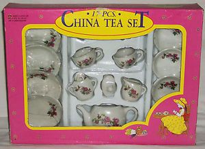 17 Piece China Tea Set Childs Kids Tea Party Dishes Rose Floral Print Vintage