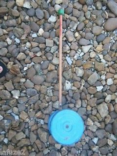 Vintage Childs Kids Push Stick Bell Pull Toy Metal Blue Wheel Wooden 