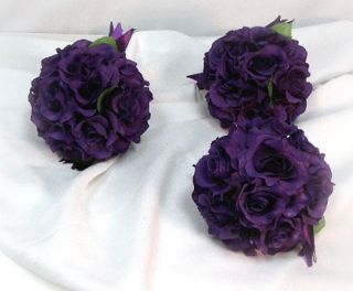 6 Purple Rose Balls Pew Bow Wedding Silk Flower Girl Pomander Kissing Ball