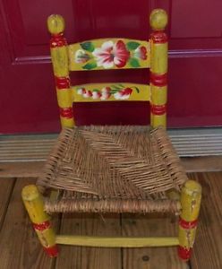 Vintage Primitive Mexican Painted Folk Art Wooden Child Chair