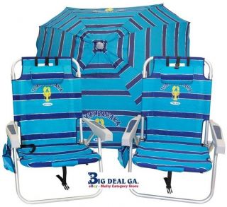 2 Tommy Bahama Backpack Cooler Beach Chairs Plus 7' Beach Umbrella Blue New