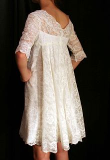 Sz XS Vtg 70s White Floral Lace Train Ultra Mod Wedding Empire Mini Dress