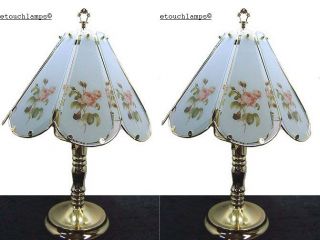 Set of Rose Touch Lamps 8 Panel Glass Brass Bases