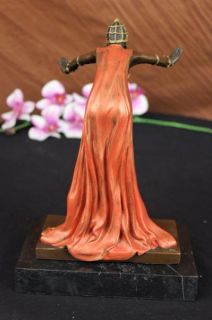 Art Deco Bronze Sculpture Standing Lady Statue with Fan Chiparus Style Figurine