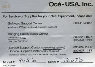Oce OCÉ Technologies 9400 Series Wide Format Printer Model 9456