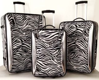 3pc Luggage Set Travel Bag Rolling Wheel Upright Case Carryon White Silver Zebra