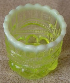 Mosser Glass Vaseline Glass Toothpick Holder A with Label Eye Winker Pattern