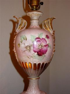 Vtg Victorian Floral Hand Painted Table Lamps Pair Pink