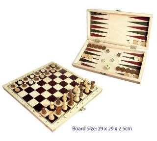 Wooden Chess Checkers Backgammon Board Game Fold Up Box Travel Set Kids Children