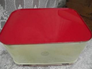 Vintage Metal Hinged Lidded Bread Box Red Top Floral Pattern