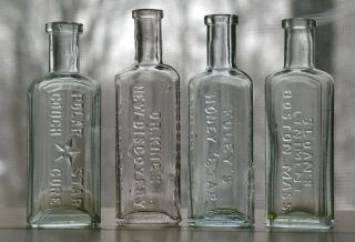 Lot of 4 Old Antique 1880's 1890's Embossed Mini Sample Size Medicine Bottles