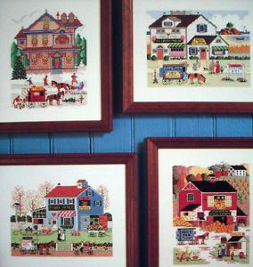 Charles Wysocki 4 Seasons Cross Stitch Pattern Village Scenes Horse Carts