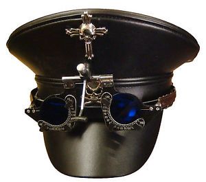 Steampunk SDL Military Style Hat with Optical Goggles with Blue Lens and Skull