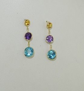 14k Yellow Gold Multicolored Gemstone Post Earrings New