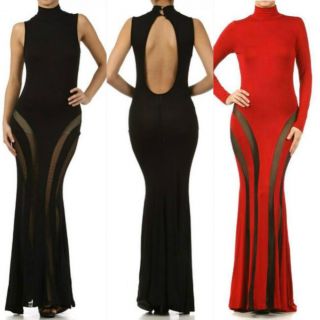 New s M L Maxi Dress Womens Black Red Solid Mesh See thru Long Sleeve Keyhole
