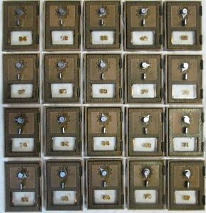 20 Vintage 1957 Small Brass Post Office Box Doors Keyless Lock Company