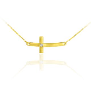 14k Gold Sideways Small Curved Diamond Cross Pendant Necklace