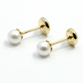 Gold 18K GF High Security Safety Tiny 4mm White Pearl Earrings Baby Girl Kids