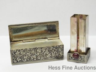 Sardonic Stone Vintage 800 Fine Silver Italy Compact Mirror Push Lipstick Case