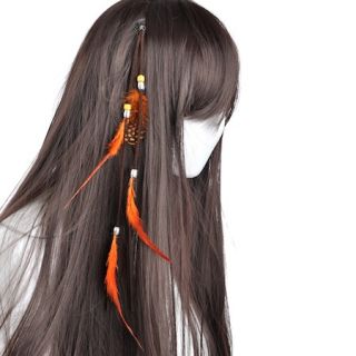 Orange Faux Peacock Bird Feather Hair Clip Extensions Leather String Beads 12"