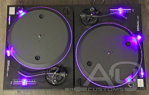 2 Custom Flat Black Technics 1200MK2 DJ Turntables Black Tonearms UV LEDs