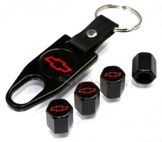 Chevy Red Logo Black Tire Wheel Stem Air Valve Caps Wrench Key Chain Gift Set