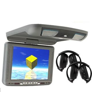 10" Gray Car DVD Player Flip Down Monitor Roof Mount FM USB IR Wireless Headsets