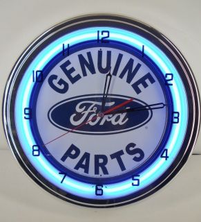 Ford Parts 15" Neon Chrome Clock Oval Emblem Dealer Logo Garage Hot Rat Rod Sign