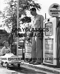 1950's Cute Kid in Pedal Car Mobil Gas Station Globe Pump Oil Poster Automobilia