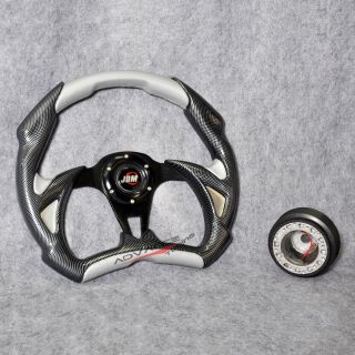 320mm Silver PVC Leather Carbon Fiber Steering Wheel JDM Battle Type Hub Adapter
