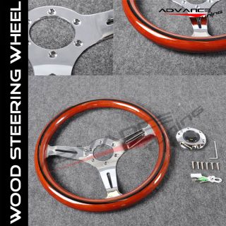 350mm Steering Wheel with Black Trim Classic Wood Sport Chrome Polish Spokes