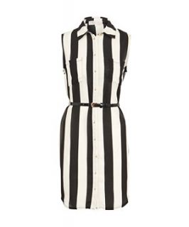 Cameo Rose Black and White Stripe Belted Shirt Dress