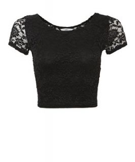 Black Floral Lace Crop T Shirt
