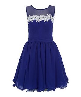 Dark Blue Crochet Trim Sheer Panel Flounce Prom Dress