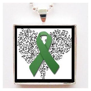 Liver Cancer Emerald Green Cancer Awareness Ribbon Glass Silver Tile Pendant Necklace with Silver Chain Clothing