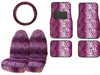 A set of 4 universal fit animal Print carpet floor mats for cars / truck, A Set of 2 Universal Fit Front Animal Print Front Bucket Seat Covers, and One Animal Print Elastic Weave Scrunchie Steering Wheel Cover   Leopard Pink Automotive