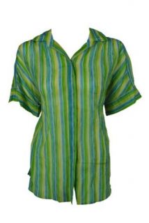 Lafayette 148 Womens Blue Green Striped Sheer Loose Button Down Top S Clothing