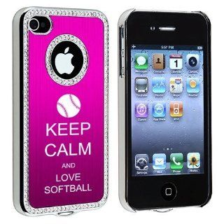 Apple iPhone 4 4S 4G Hot Pink S2234 Rhinestone Crystal Bling Aluminum Plated Hard Case Cover Keep Calm and Love Softball Cell Phones & Accessories