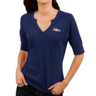 Cutter & Buck Denver Broncos Ladies Assist Waffle Knit Premium Split V Neck T Shirt   Navy Blue