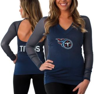 All Sport Couture Tennessee Titans Ladies Fashion Long Sleeve V Neck Halter Top   Navy Blue