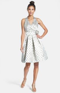 Eliza J Rosette Detail Polka Dot Jacquard Fit & Flare Dress
