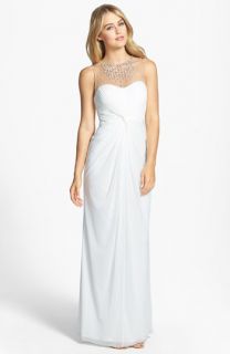 Adrianna Papell Embellished Twist Front Mesh Gown
