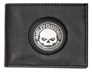 Harley Davidson Men's Black Leather Skull Medallion Bi fold Wallet. FB329H Clothing