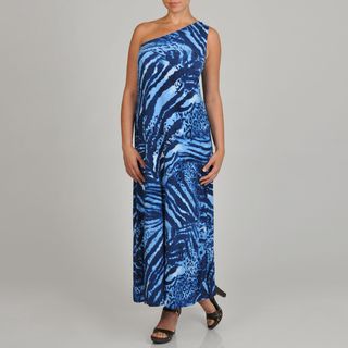 Lennie for Nina Leonard Women's Blue Animal print One shoulder Plus  size Maxi Dress Dresses