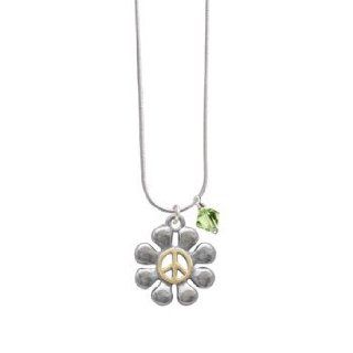 Large Silver Daisy with Gold Peace Sign Peridot Swarovski Bicone Charm Necklace Jewelry