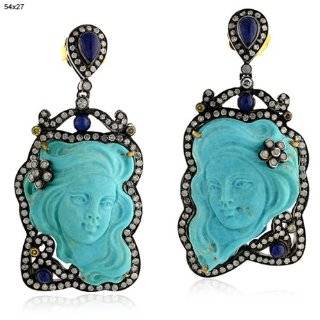 18kt Yellow Gold Diamond Pave Dangle Sapphire & Turquoise Earrings Fashion Jewelry Jewelry